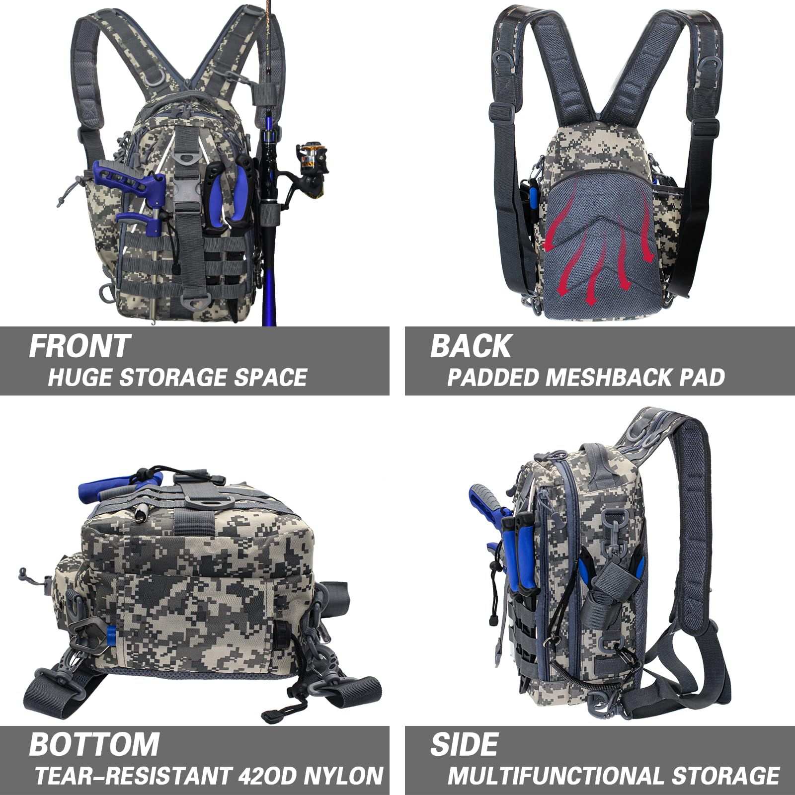 Mochila de pesca, bolsa de pesca ligera con mucho espacio de almacenamiento, mochila de caja de aparejos con soporte para caña para pesca con mosca y regalos para hombres y mujeres, color gris