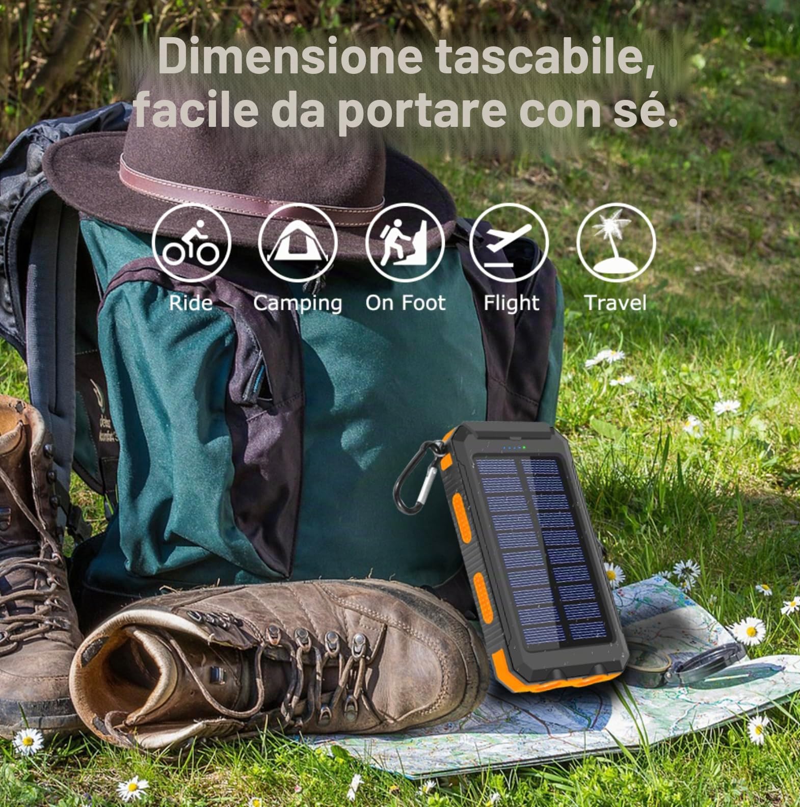 Power Bank Solar 20000 mAh - Caricatore portatile 3 in 1 impermeabile e resistente - Ricarica rapida USB e USB-C con torcia - Batteria esterna per iPhone, Samsung - Camping, Outdoor e Emergenze