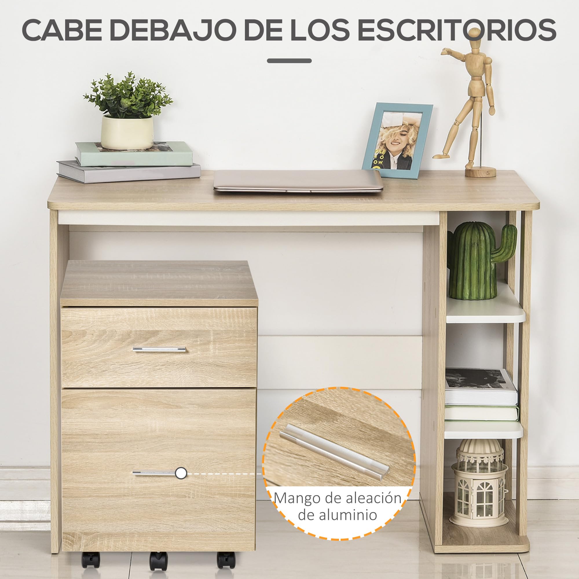 HOMCOM Cajonera de Escritorio con 2 Cajones, Cajonera de Oficina con Ruedas, Archivador Móvil, para Archivos A4 o Cartas, para Estudio, Salón, 39,5x39x58,5 cm, Roble