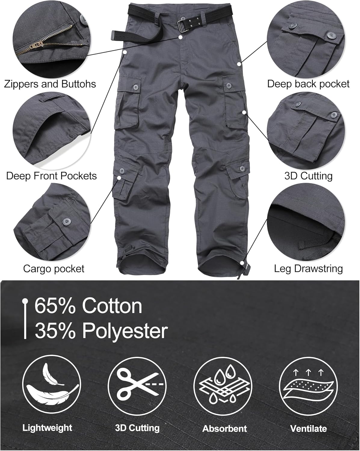 Men's Tactical Cargo Pants for Outdoor Hiking Work Lightweight Military BDU Pants with 8 Pockets (No Belt) - Image 4