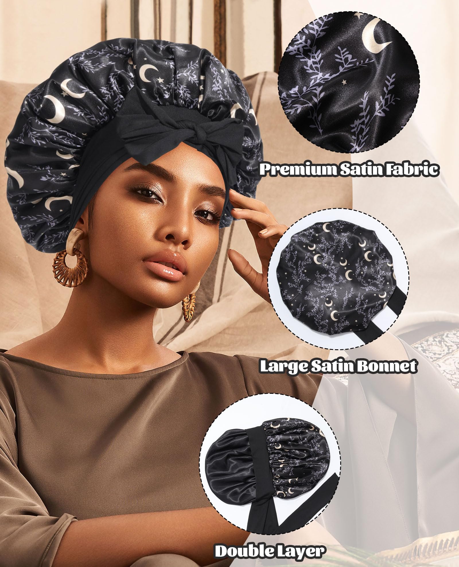 Satin Bonnet Silk Bonnet for Sleeping Silk Sleep Cap Double Layer Hair Bonnet with Elastic Tie Band for Curly Hair Night Cap (Black stars and moon+Black): One Size Black stars and moon+Black