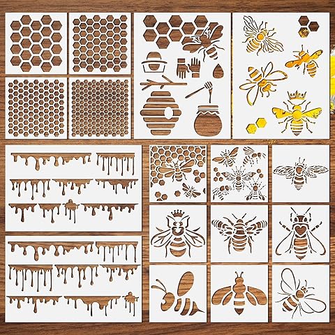 Clothmile 17 Pcs Bee Honeycomb Stencil Set - Reusable Bee Stencils for Painting on Wood, Hexagon Drawing Template, DIY Crafts, Decorative Wood Burning