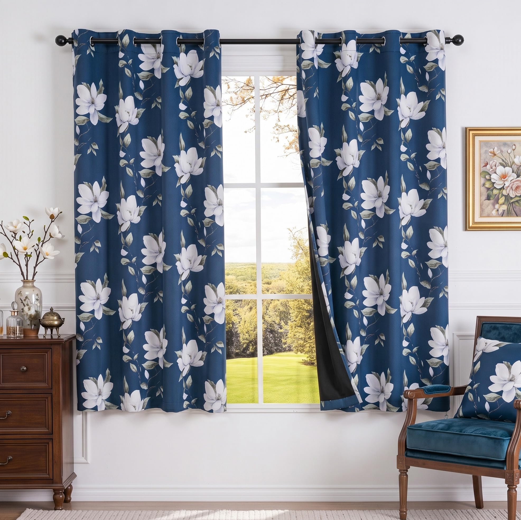 MYSKY HOME Floral 95% Blackout Curtains 63 Inch Long 2 Panels Set for Kitchen White Flower Printed Thermal Insulated Light Blocking Black Out Grommet Window Treatments, 52" W Each Panel, Blue
