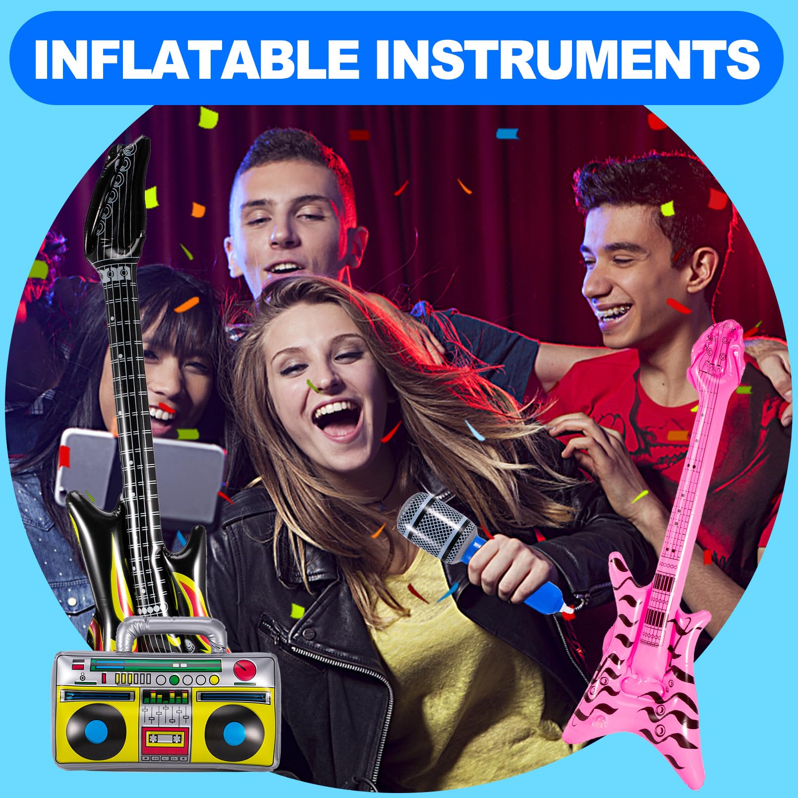 12 instrumentos inflables, juego de juguetes inflables de estrella de rock, guitarra inflable, saxofón inflable, micrófonos inflables, lute bajo, piano de teléfono, decoración de fiesta de los 5
