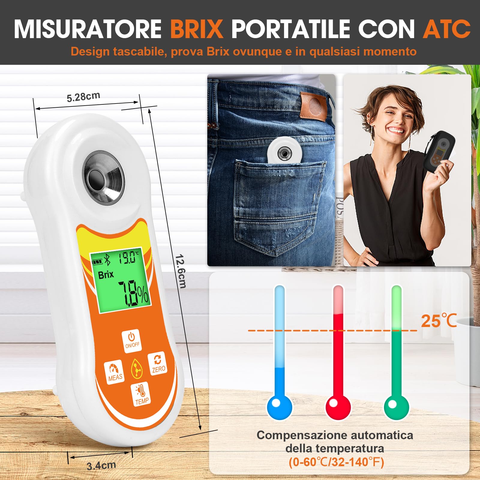 Rifrattometro Brix intelligente, tester Brix digitale YINMIK (0-60%), misuratore zucchero con ATC, metro Brix portatile per frutta, produzione casalinga di vino e birra, caffè, succo, cibo, verdura