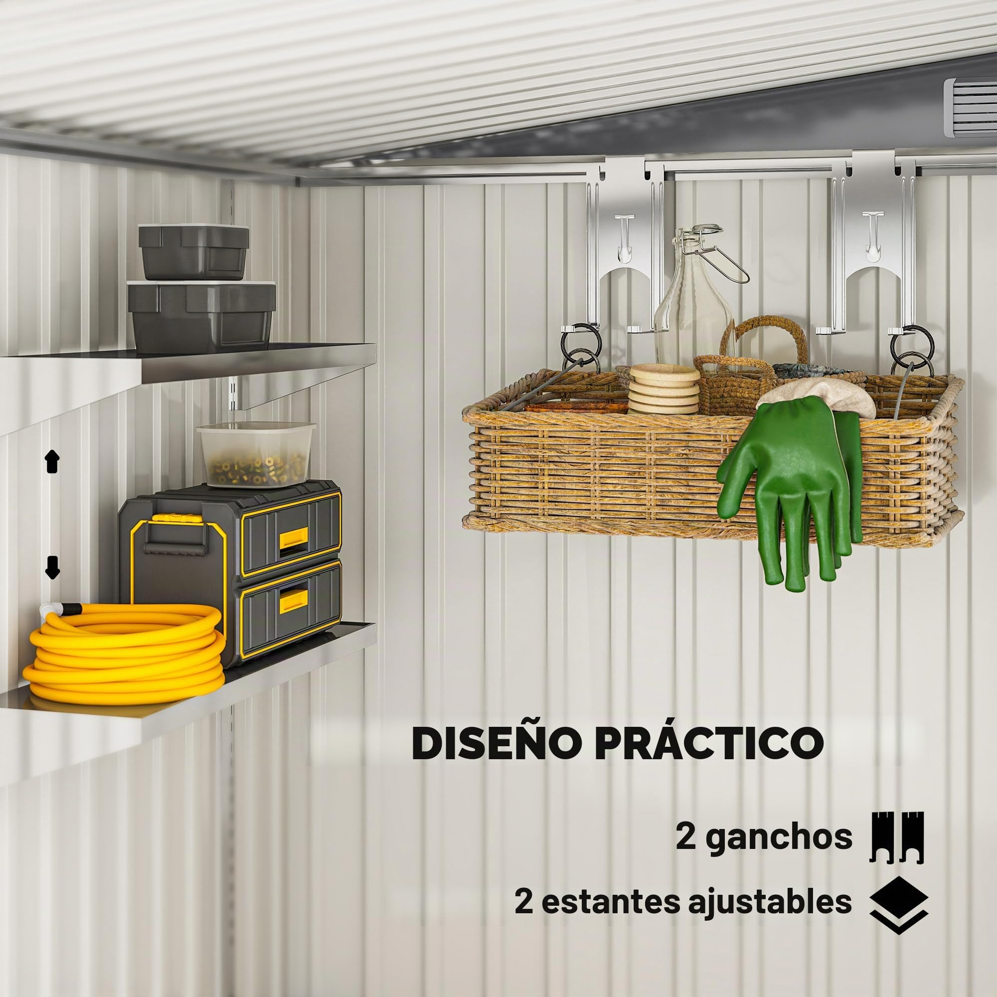 Outsunny Cobertizo de metal de 2,81 m², 154 x 206,5 x 181 cm, cobertizo de jardín con tejado a un agua, base, puerta corredera, resistente a la intemperie, caseta de jardín, para exteriores, jardín