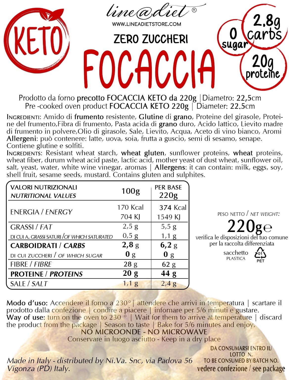 KETO FOCACCIA Line@diet | Focaccia artigianale da 220g ad alto contenuto di PROTEINE | 2,8% carboidrati, 44g di proteine, 0 zuccheri - 2