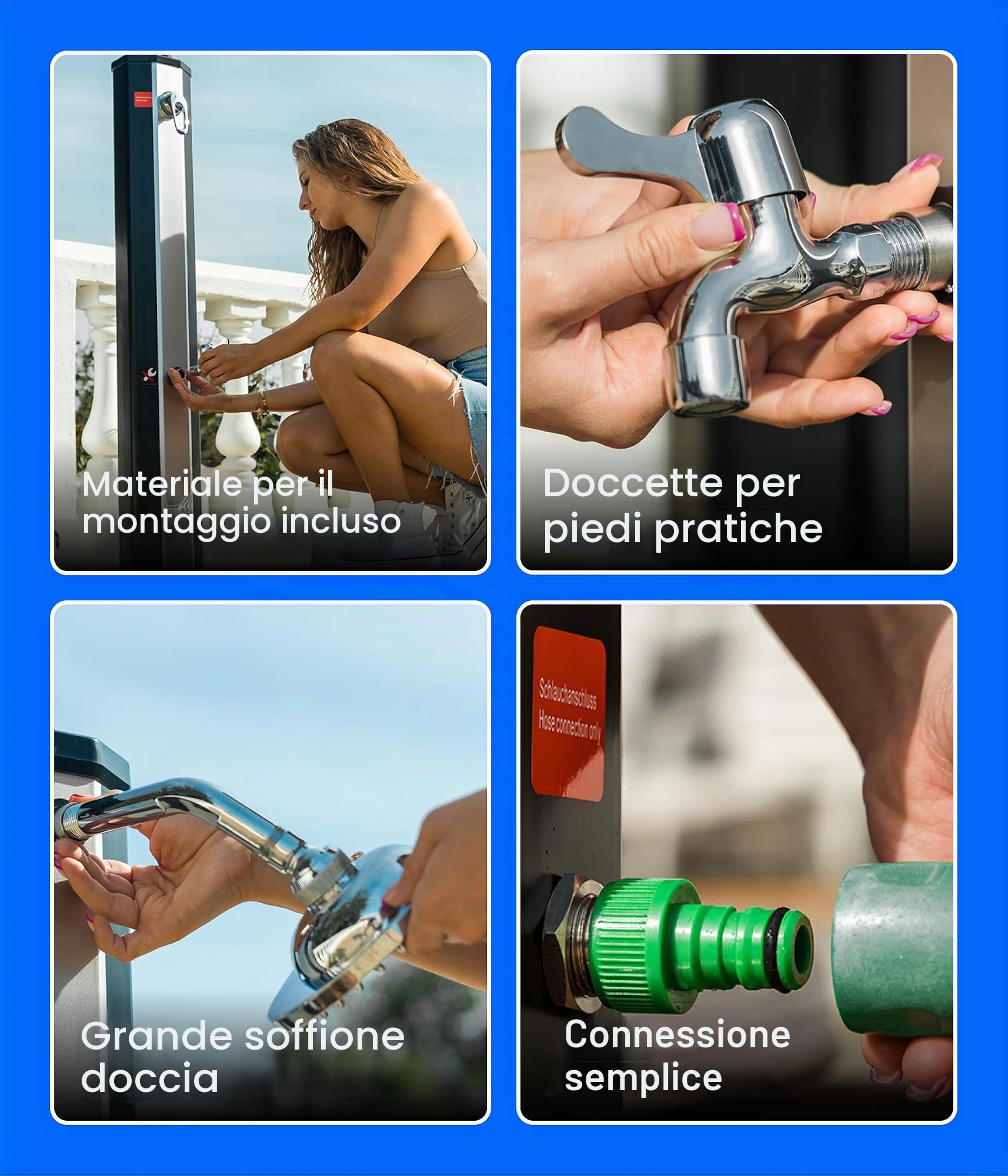 UMBRELLA® Doccia Solare 35 Litri con Lavapiedi – Soffione a Pioggia Orientabile – Doccia Solare da Giardino/Esterno/Piscina Senza Collegamento Elettrico – Attacco per Tubo da Giardino, Fino a 60°C