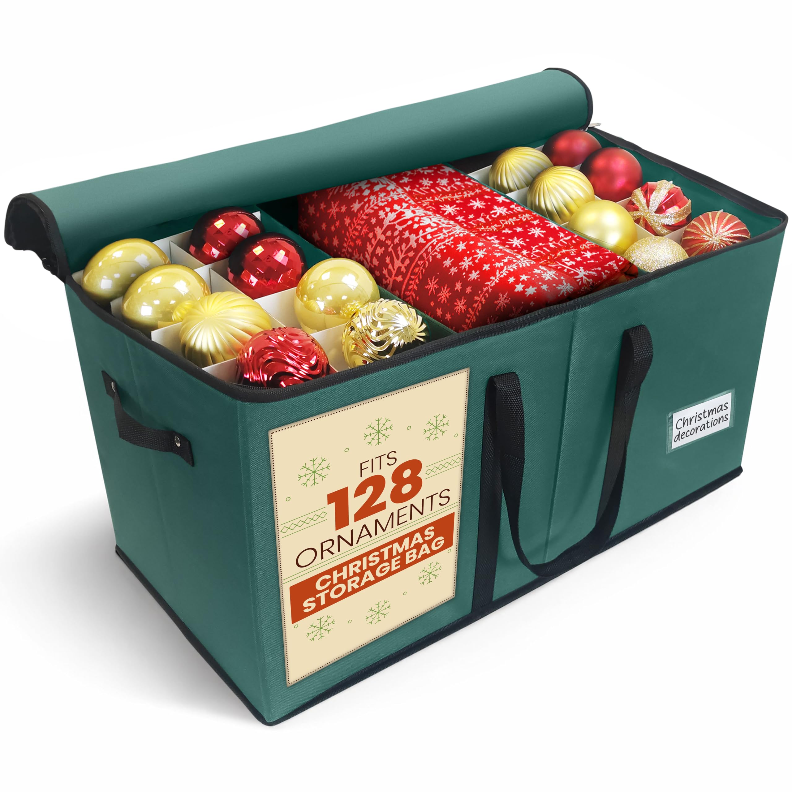Pelle & Sol Green Christmas Bauble Storage Box - Ornament Storage With Dividers - Holds 128 Ornaments Christmas Decorations - Tear-Proof Fabric, Sturdy, & Multipurpose - Christmas Decoration Storage (Green)