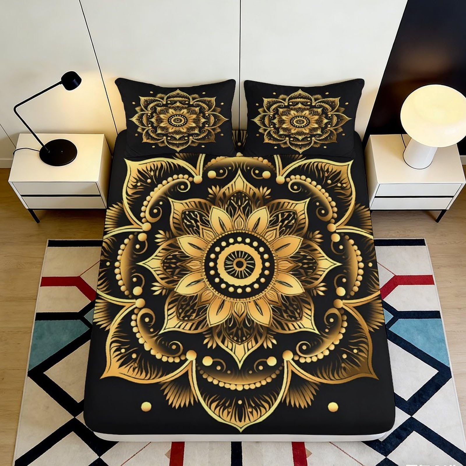 Jqzkxnhpbr Style-10 3D Printed Mandala Flower Fitted Sheet Microfiber Soft Black Gold Boho Sunburst Mattress Cover For Bedroom Dorm Decor 90X200x25cm