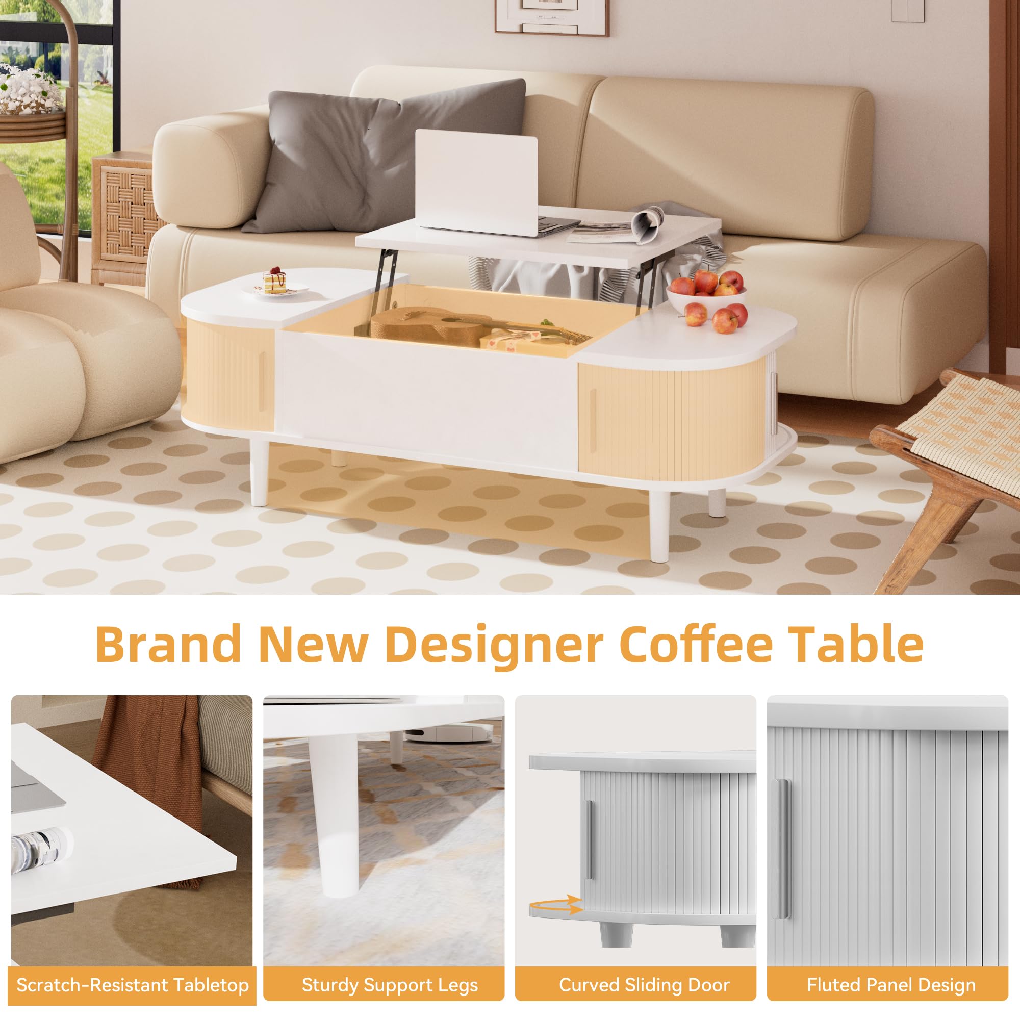 Table Basse avec Plateau Relevable – Table de Salon Moderne en Bois avec Rangement Caché et Texture Unique, pour Salon, Chambre, Petits Espaces, Bureau