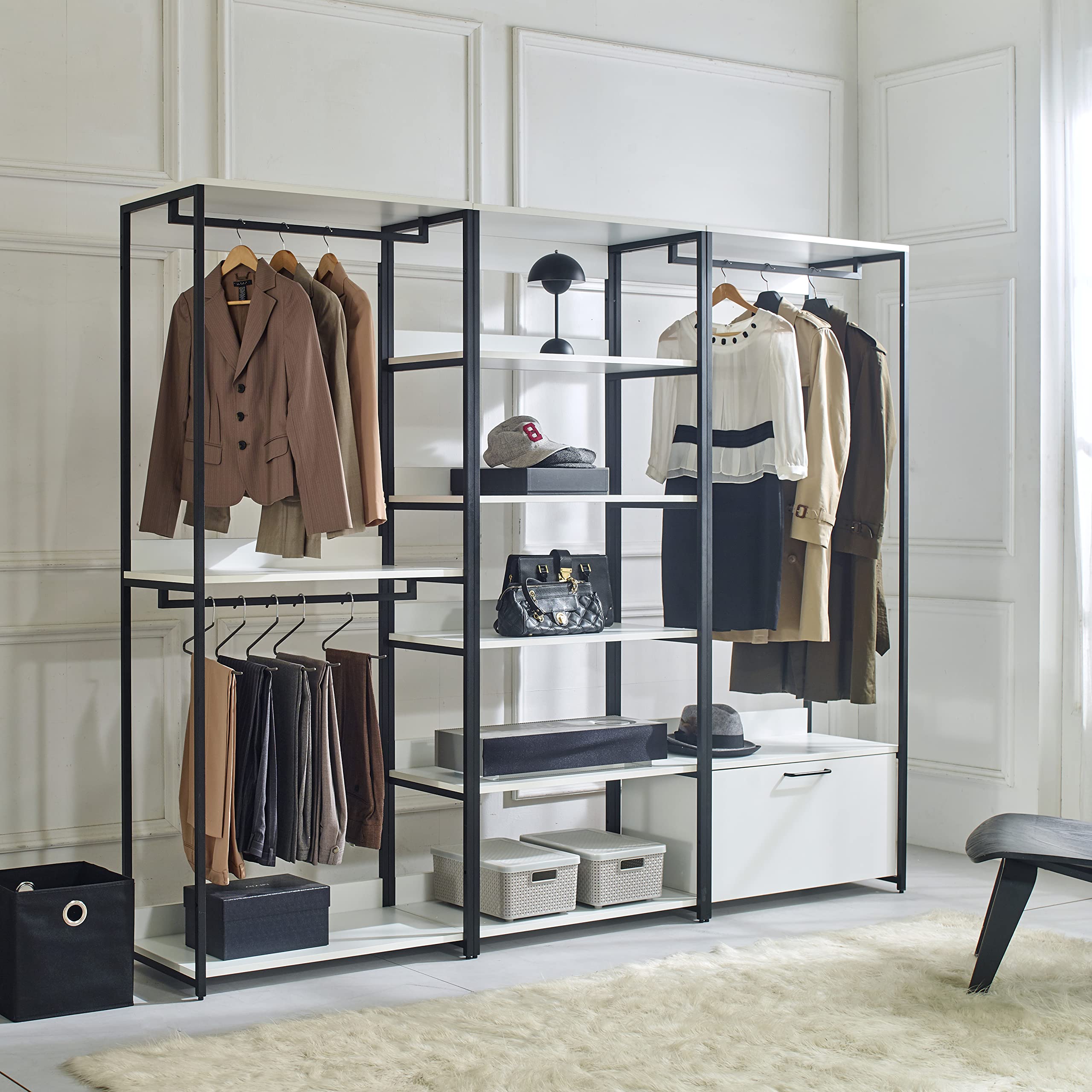 Freestanding White Walk-in Closet System with Metal Frame and Durable Wood Construction, Stylish Solution for Home Organization