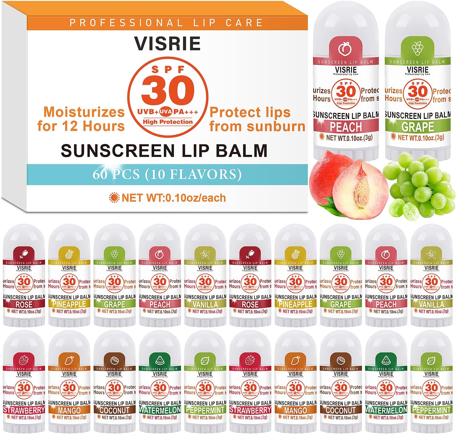 - SPF 30 Sunscreen Lip Balm, SPF Lip Balm Bulk 60 Count, Broad Spectrum UVA/UVB Lip Sunscreen Moisturize with Vitamin E and Coconut Oil- 10 Flavors