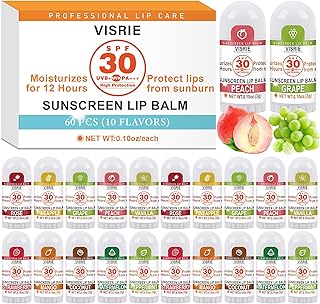 SPF 30 Sunscreen Lip Balm, SPF Lip Balm Bulk 60 Count, Broad Spectrum UVA/UVB Lip Sunscreen Moisturize with Vitamin E and Coconut Oil- 10 Flavors