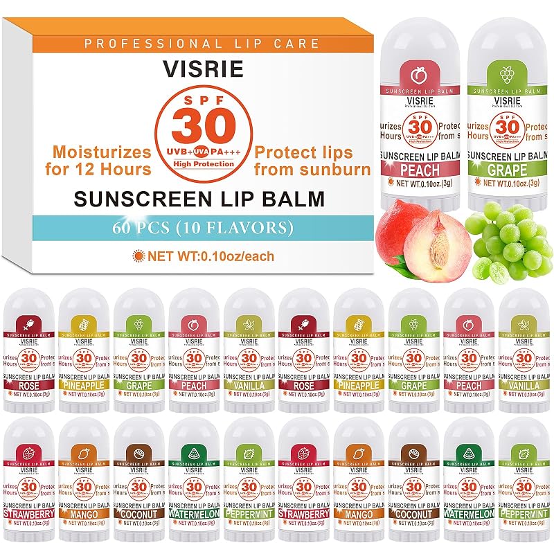 Bálsamo labial VISRIE com designação SPF 30, 60 unidades, 10 sabores