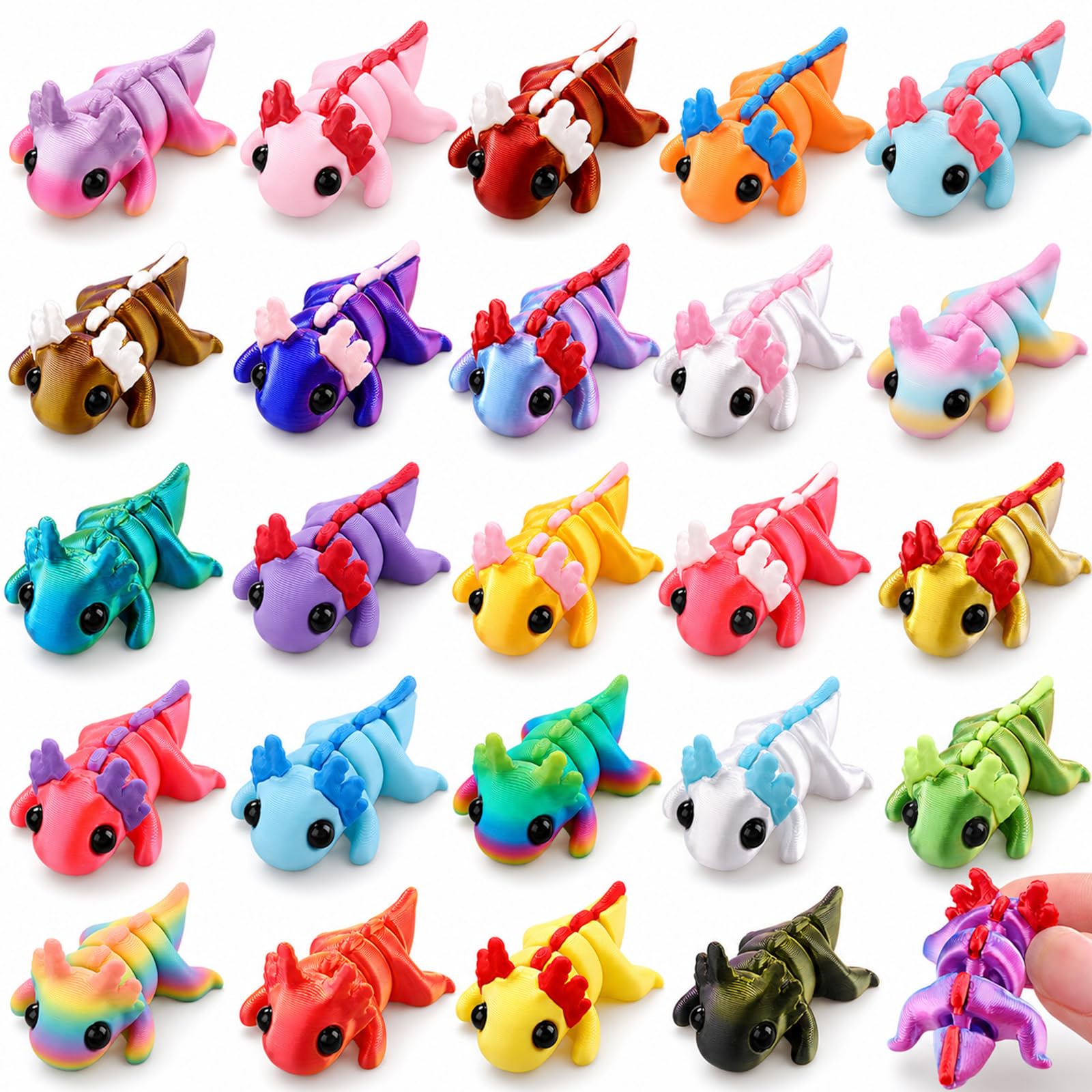 XIMISHOP 24Pcs 3D Printed Animal Figure，Flexible Articulating Fidget 3D Printed Axolotl Salamander models for Home Office Desk Decoration Party Favors Goodie Bag Stuffers