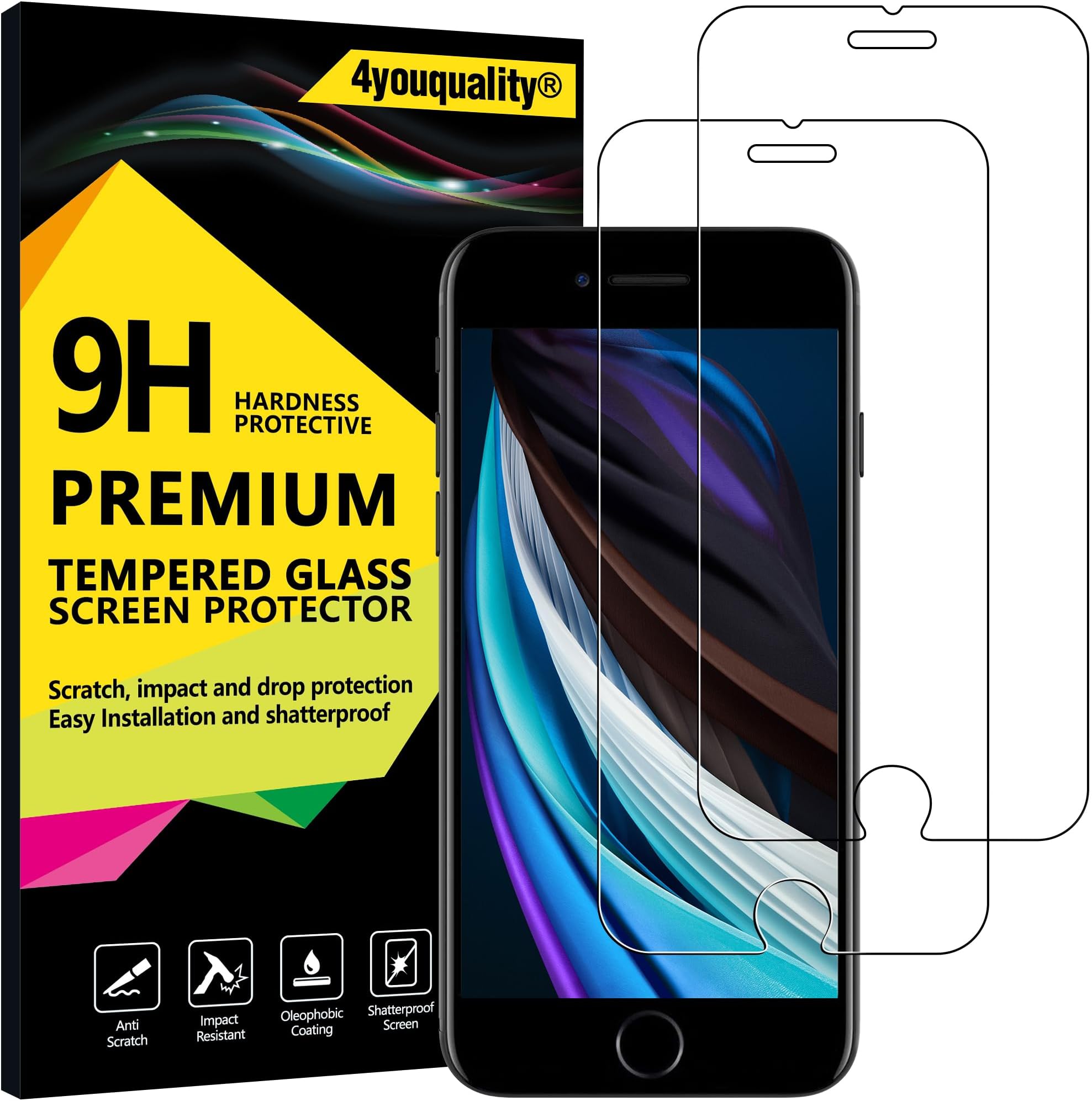 4youquality Screen Protector for iPhone SE 3/ SE 2 (2022/2020 Edition) 4.7-Inch, Tempered Glass Film, 2-Pack, [LifetimeWarranty][Impact-Resistant][Anti-Shatter][Anti-Scratch]