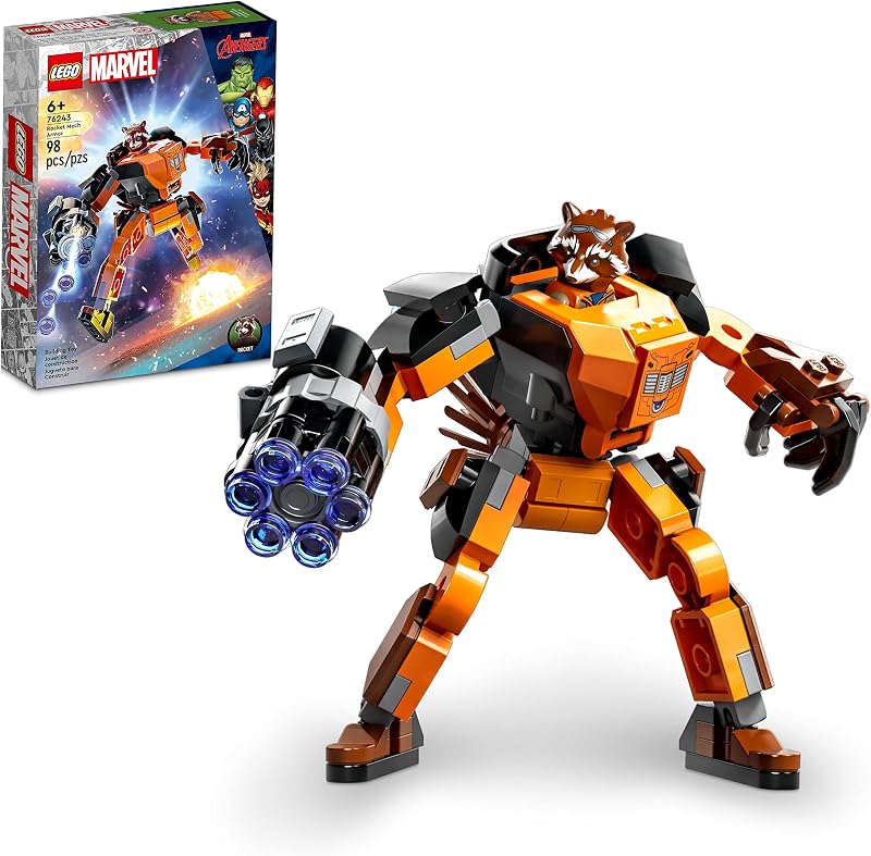 LEGO Marvel Rocket Mech Armor Set 76243, Figura de acción para construir Mapache de Guardianes de la Galaxia, Idea de regalo coleccionable de los Vengadores para niños a partir de 6 años