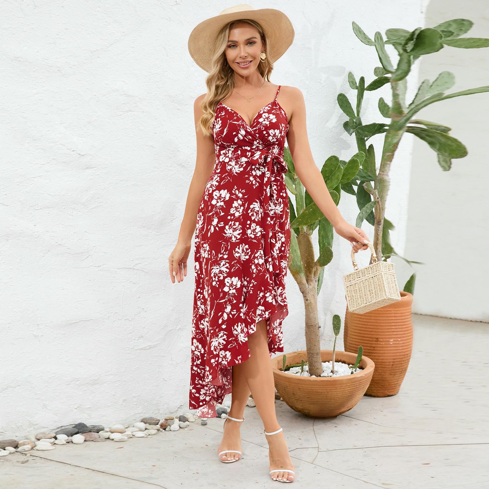 Sukienka damska Lato Dekolt w serek Halter Flower Casual Nieregularna Koronka-Czerwona-XL