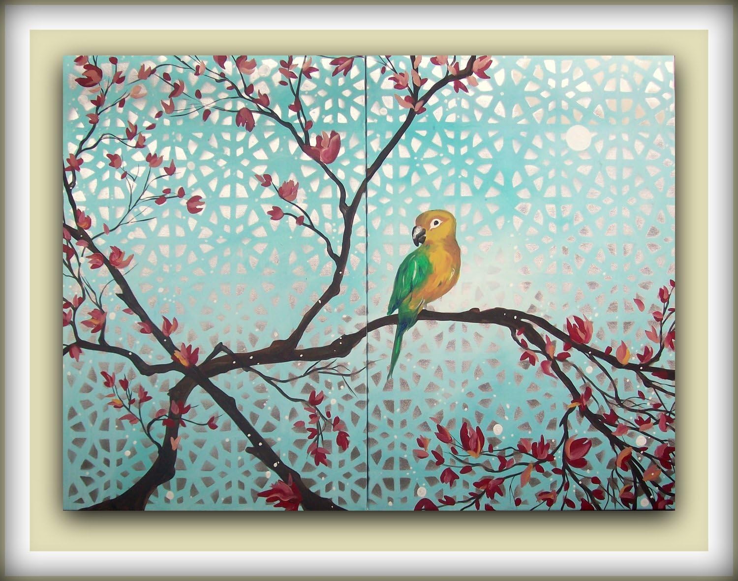 Sun Conure Metallic Bird in Branches painting.Extra Large Wall Art Multi Panel Canvas Painting