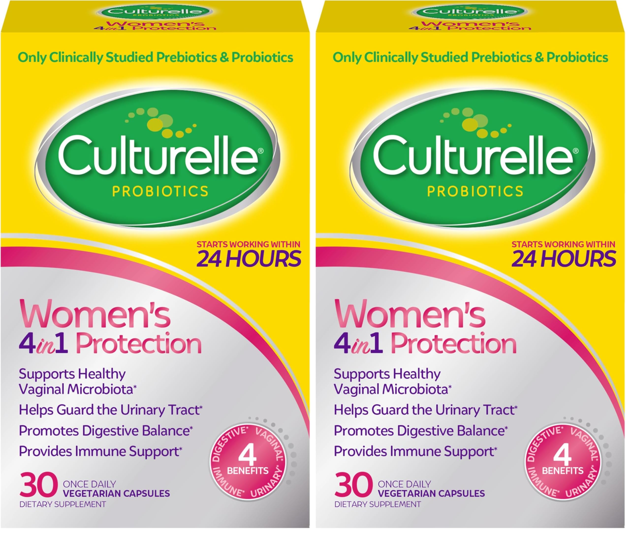 Culturelle 4-in-1 Probiotics for Women, Daily Probiotic & Prebiotic Supplement to Support Vaginal Health, Digestive Health, Immune Health, Occasional Diarrhea, Gas & Bloating Relief, Non-GMO, 30 Count