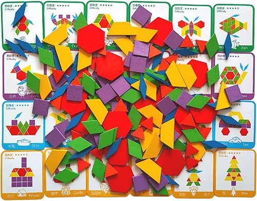 Miniatura 5 de Juego de 155 bloques de madera con forma geométrica y color, rompecabezas de jardín de infantes, juguetes educativos clásicos Montessori Tangram