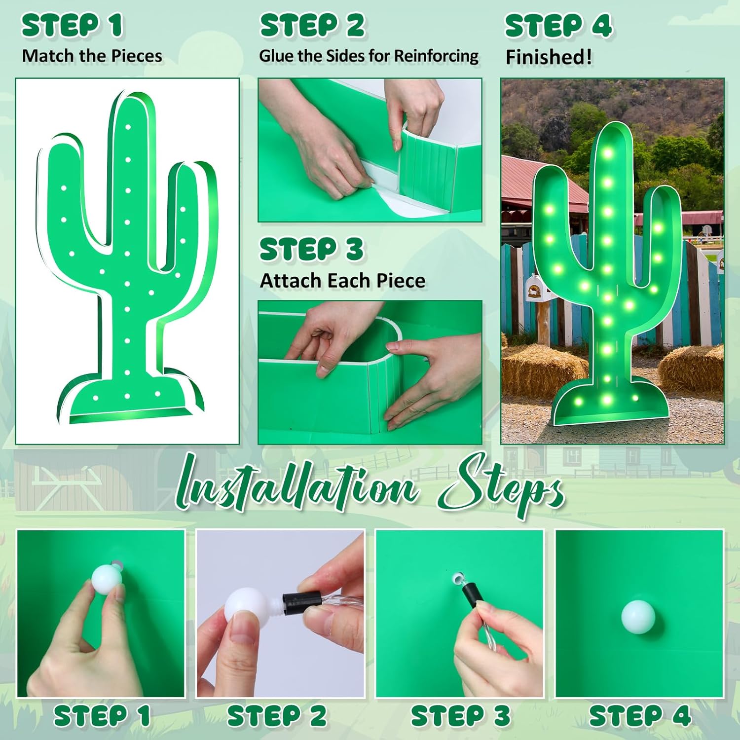Maxcheck Mexican Festival Marquee Cactus Shape Large Light up Decoration, 5ft Cactus Balloon Frame with Bulb Light String Foam Marquee Signs for Birthday Engagement Baby Shower Party Decoration