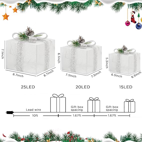 Set of 3 Plug-in Christmas Lighted Gift Boxes, Pre-lit 60 LED Light Up Decorations, Outdoor Christmas Decorations Indoor Outside Porch Yard Christmas Tree Lighted Display, Silver Bow