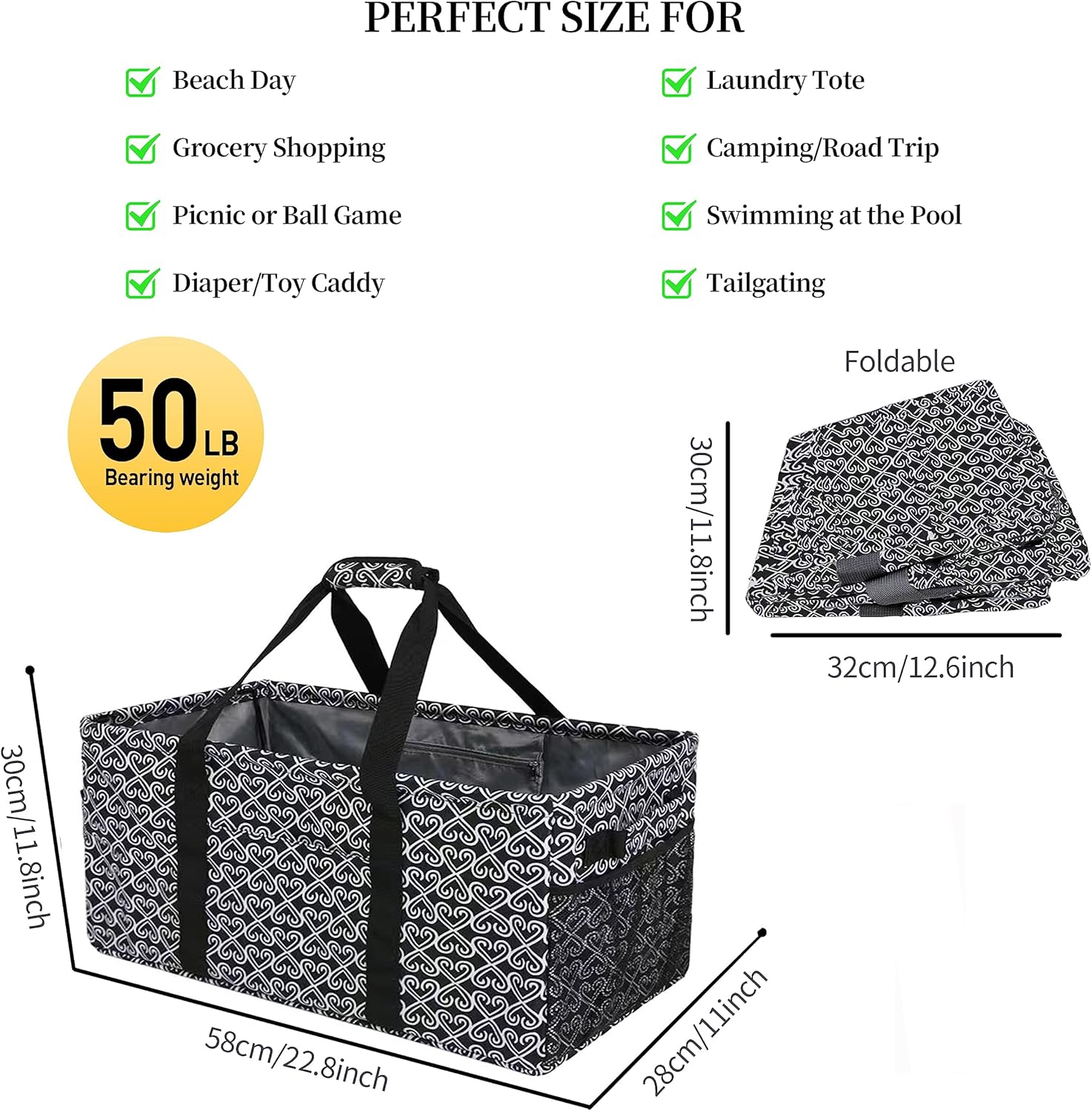 Joyfol Day Extra Large Utility Tote Bag, Reusable Grocery Bags Foldable,Upgraded Metal Frame, With Sturdy Handles Reinforced Bottom Heavy Duty Oxford Fabric Moving Shopping Bags, Heart Black - Image 5