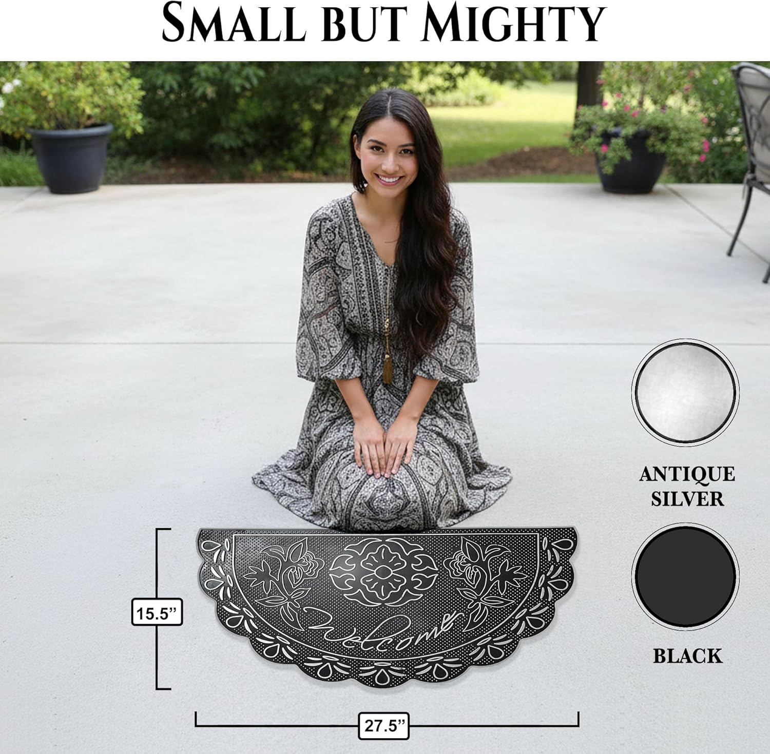 Luxury Half Moon Welcome Mat 16x28 – Silver Floral Scalloped Doormat, Non-Slip Rubber Front Door Rug for Apartments, Indoor/Outdoor Waterproof Entryway Decor