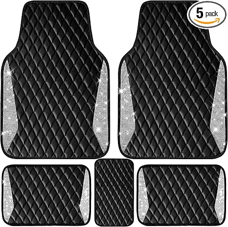 CAR PASS Bling Leather Car Mats Shining Diamond Floor Mats Crystal Rhinestone Sparkly Glitter Carpet Anti-Slip Waterproof Pad Universal Fit Automotive SUV, Sedan, Van, 5pcs Girl Women, Black Silver