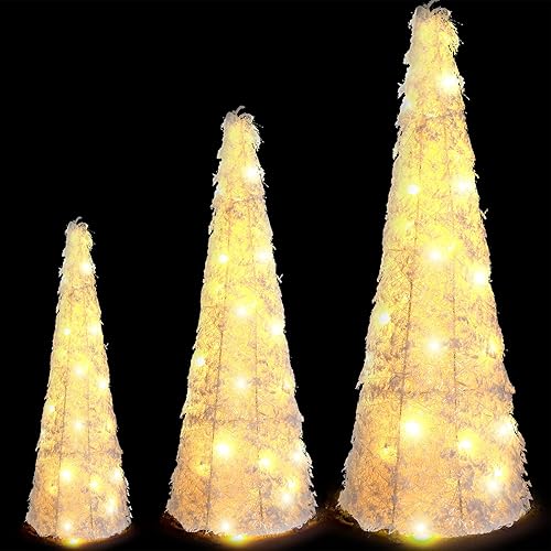 Juego de 3 conos de nieve de Navidad para decoración de árbol de Navidad con luces de 24 pulgadas, 18 pulgadas, 12 pulgadas, blanco cálido, funciona