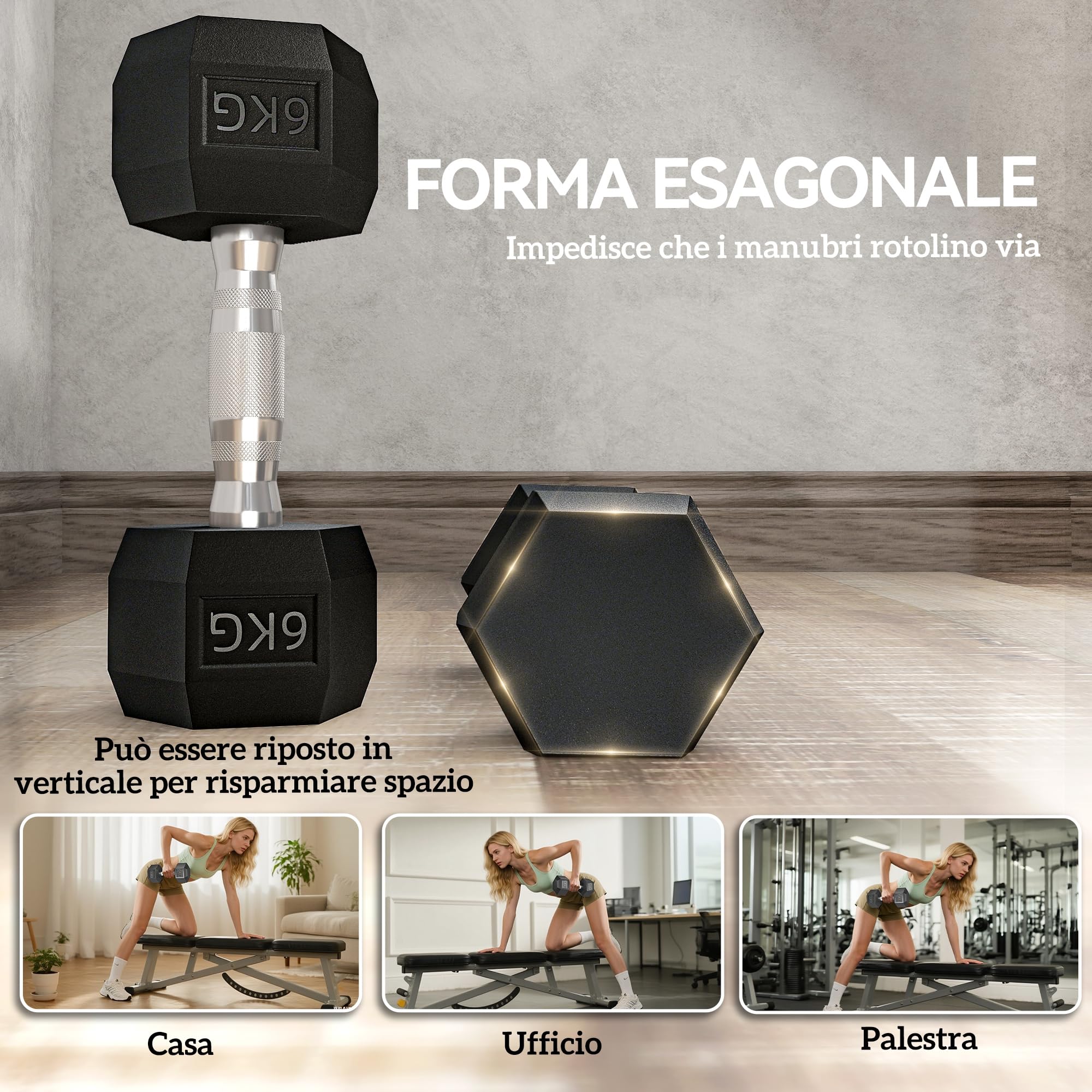 HOMCOM Set di 2 Manubri da 4/5/6/10 kg Esagonali, Coppia di Pesi per Palestra con Presa Antiscivolo e Rivestimento in Gomma, Nero