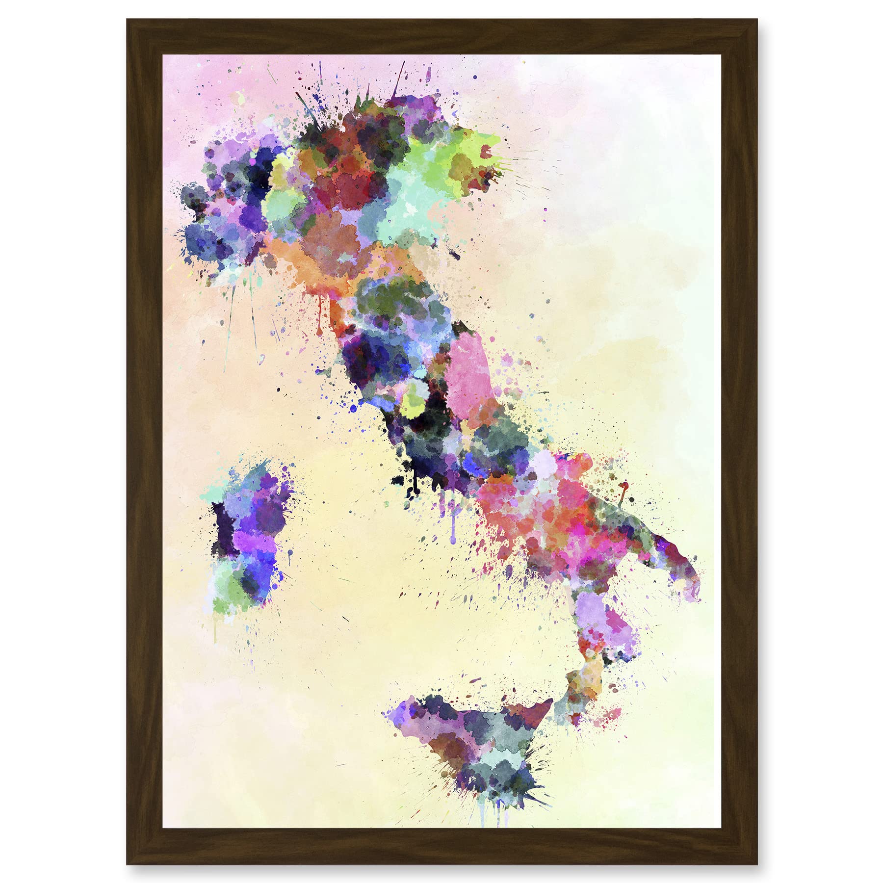 Artery8 Map Painting Italy Sardinia Sicily Paint Splash Colour A4 Artwork Framed Wall Art Print