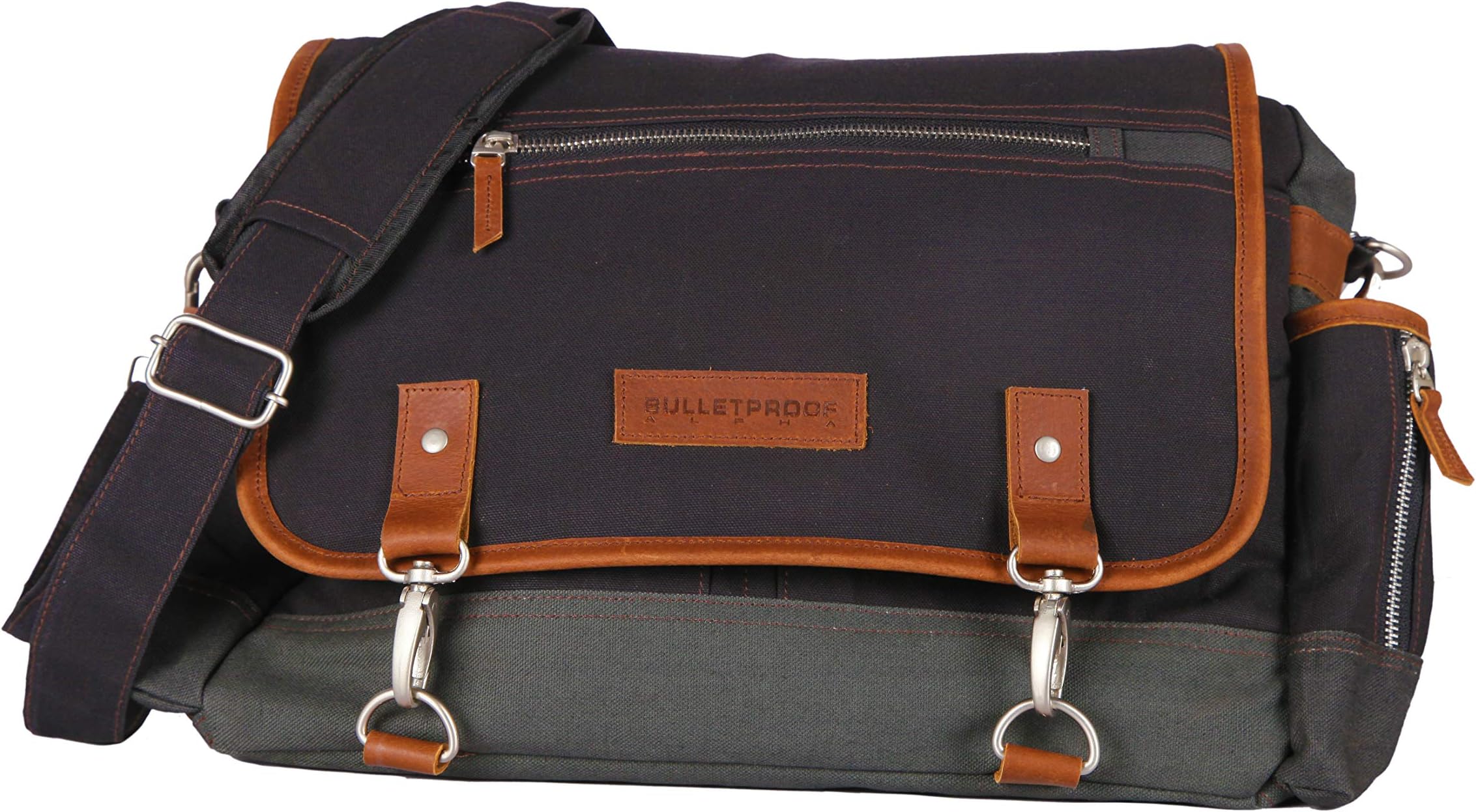 Bulletproof Alpha's ' Euro Tough' 3 in 1 Canvas and Genuine Leather Messenger Bag (Sling Bag) with Waterproof Laptop Sleeve and Multipurpose Camera Pouch.