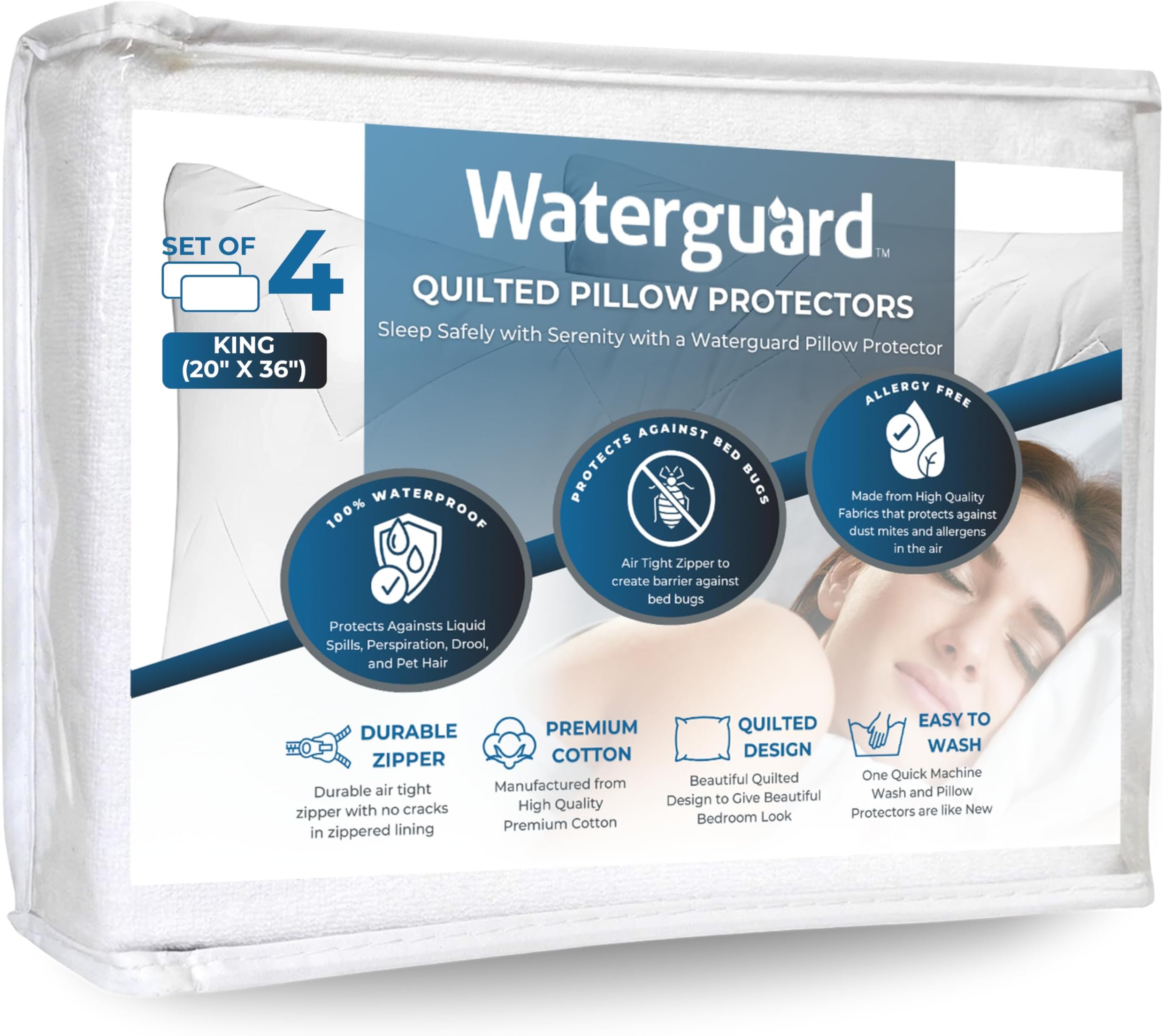 Waterguard Waterproof Pillow Protectors Quilted, Zippered Pillow Cases, 100% Cotton Top, Microfiber Filled Pillow Covers, King Size (20x36) Set of 4