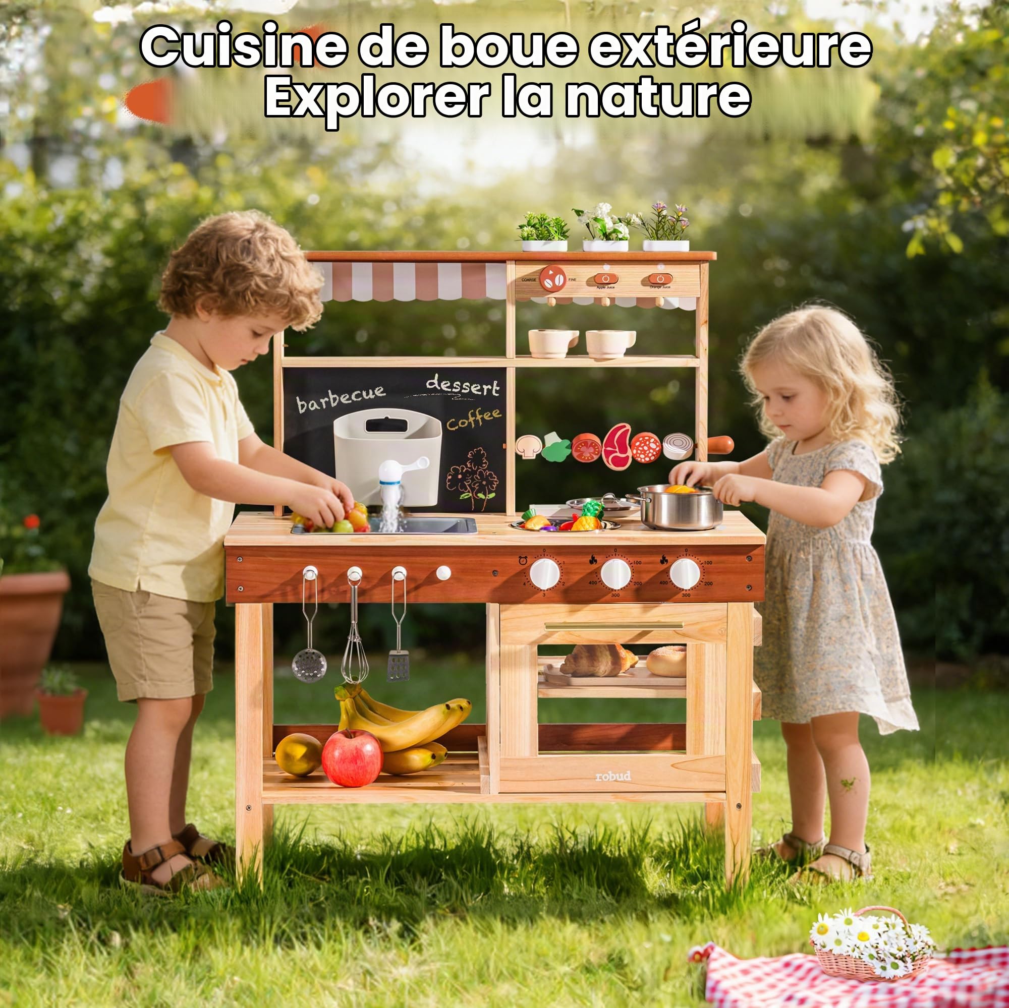 ROBUD Cuisine en Bois pour Enfants, Cuisine d'extérieur avec véritable évier, cafetière, Barbecue, Four et Tableau Noir, Jouet de Cuisine pour Jeux de rôle avec Accessoires, pour garçons et Filles 3+