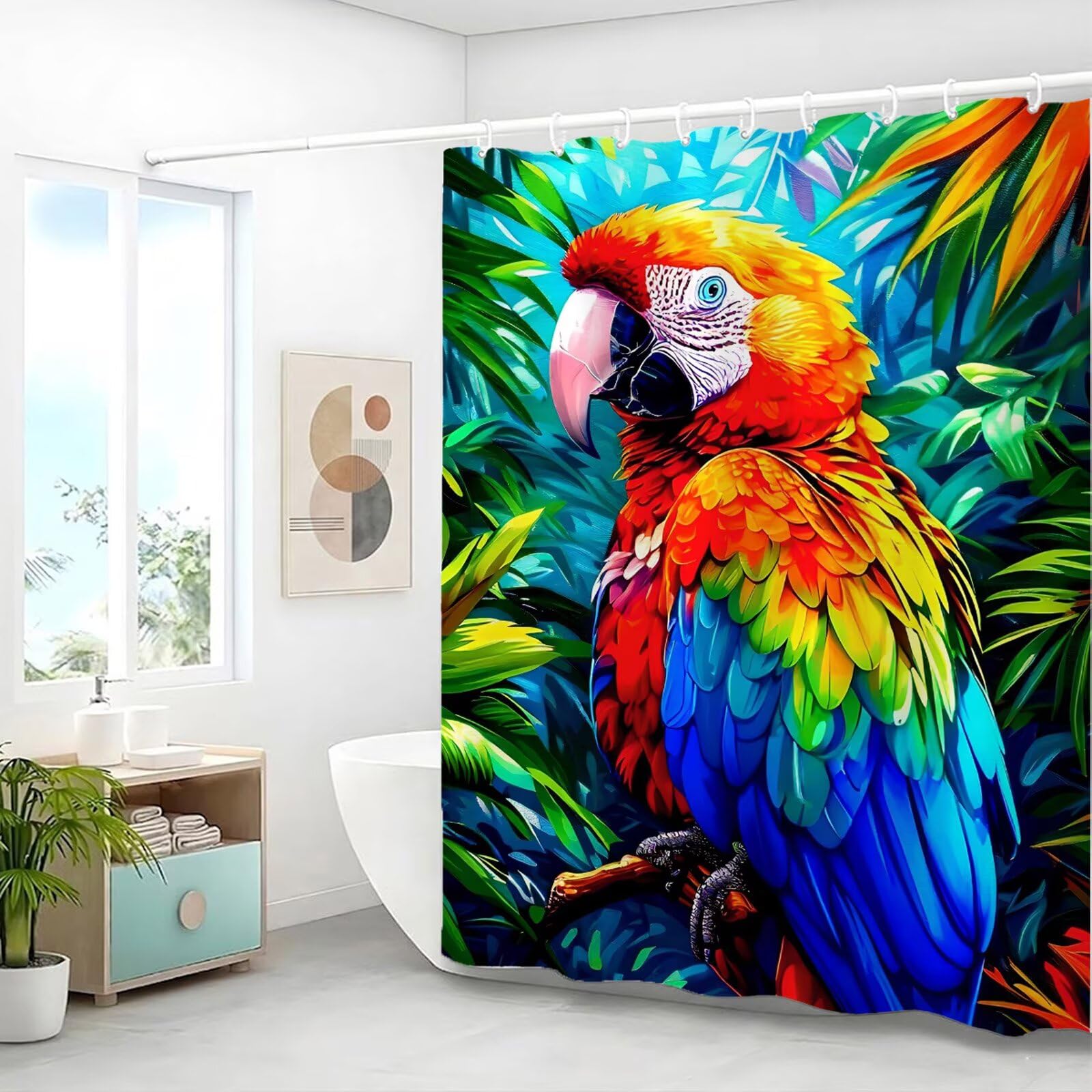 Wasserdichter Duschvorhang Anti-Schimmel 240x200 cm, Waschbar Schnelltrocknend Textil Stoff Polyester Duschvorhang Papagei Shower Curtain mit Gewicht und 12 Ringe für Badewanne, Bunt J8-669
