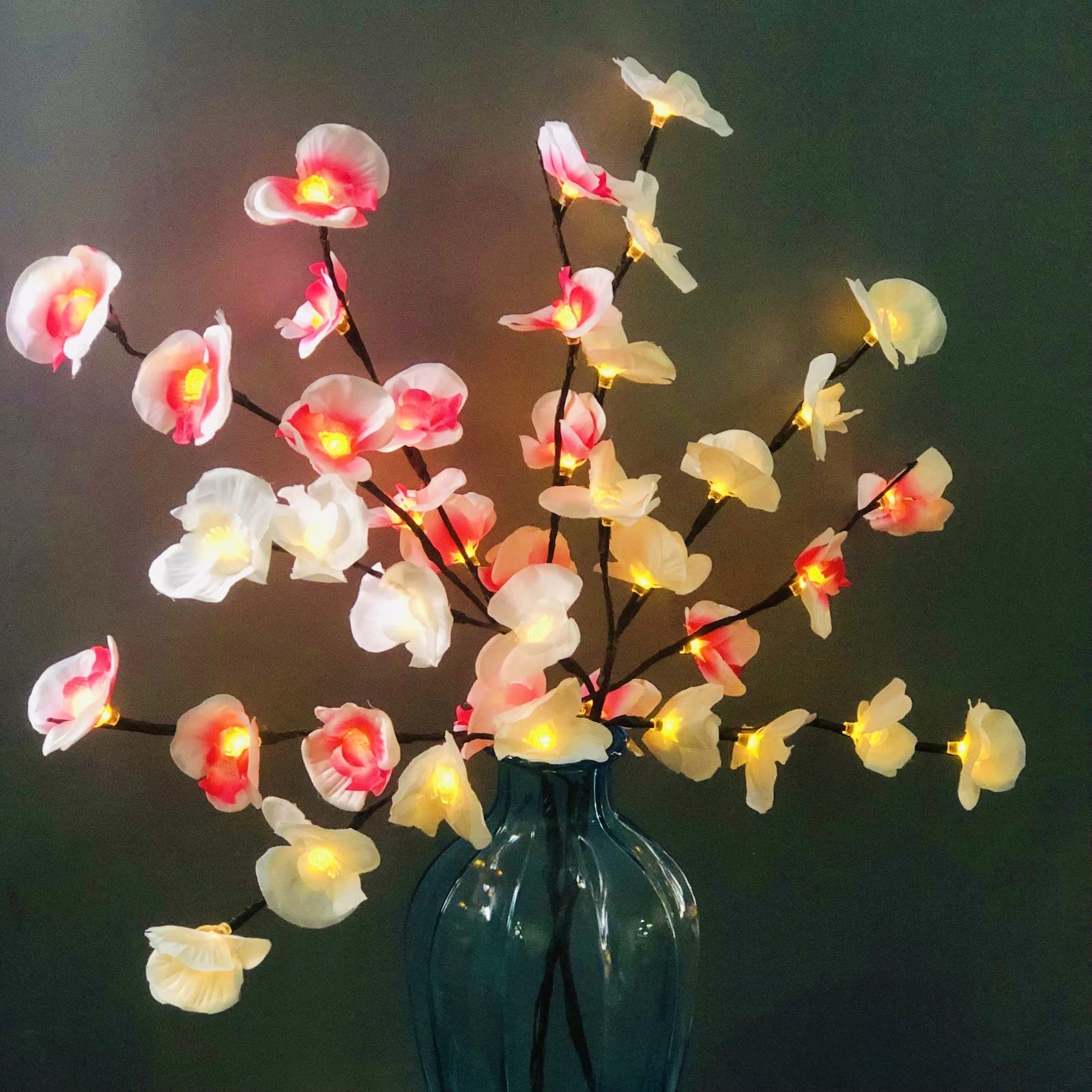 Riaxuebiy 20LED Orchid Twig Lights Artificial Phalaenopsis Branch Flexible Flower Stem Decoration Bouquet for Home Shop Windows Vase Table Room Wedding Christmas (White+Pink Orchid, 2pcs) โ image 1