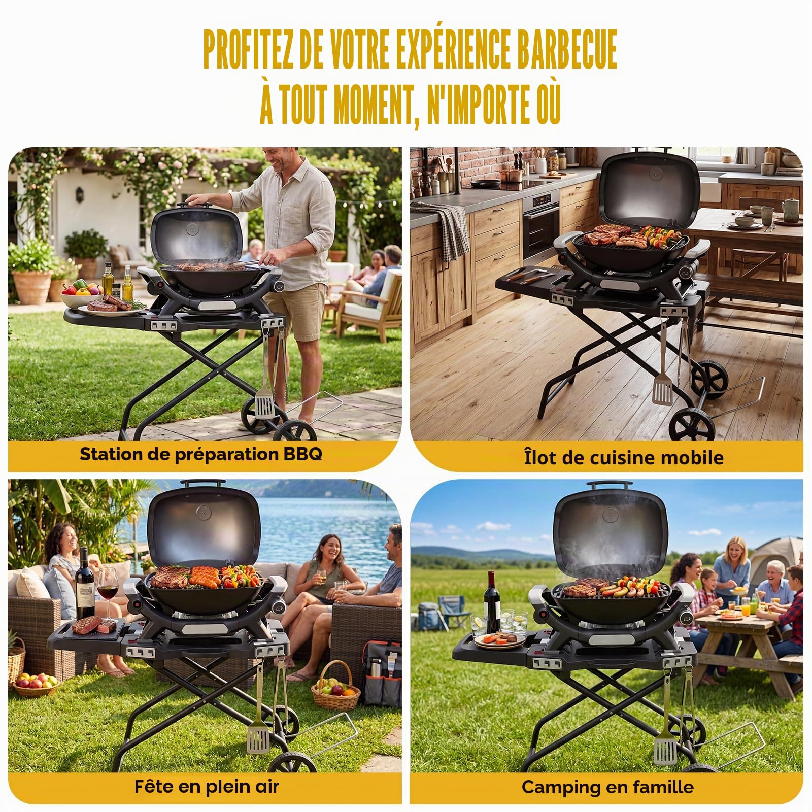 GFTIME Chariot pour Weber Q1000, Q2000 barbecues à gaz, chariot de grill pour Blackstone 43/56cm, support de barbecue extérieur, chariot de service pour barbecue pour Weber Q1200, Q1400, Q2200, Q2400.