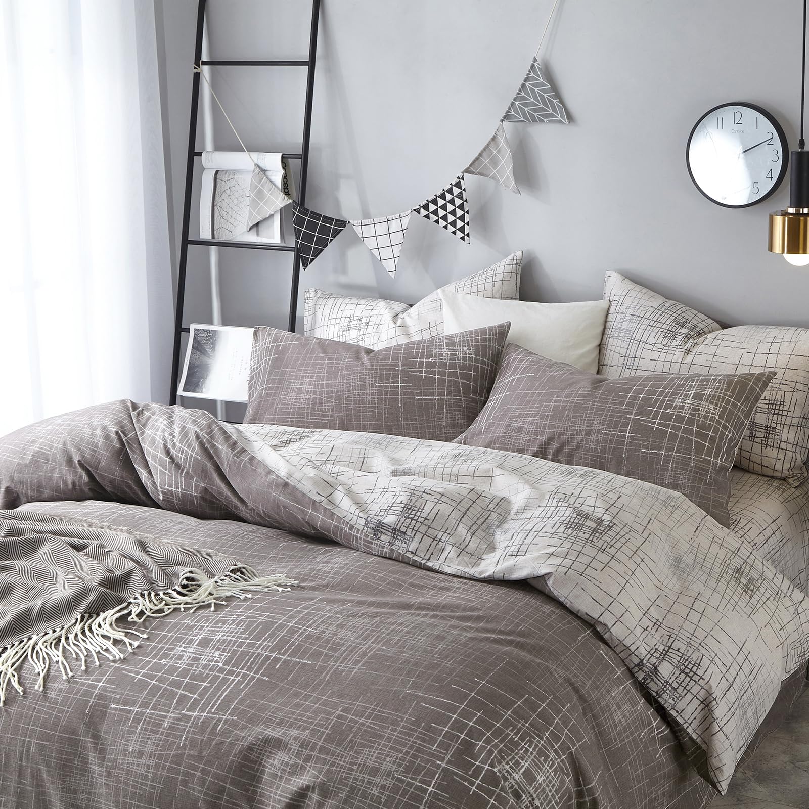 VM VOUGEMARKET Abstract Duvet Cover Queen,100% Cotton Brown Gray Reversible Duvet Cover Set for Men,Teens,Minimalism Modern Bedding Set-Queen,Artwork