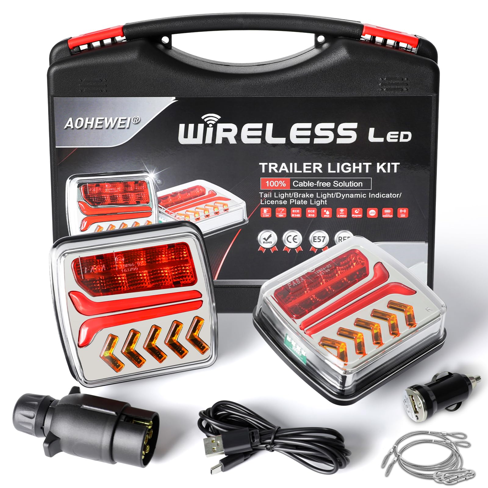 AOHEWEI Luci posteriori per rimorchio senza fili Luci posteriori per camion magnetiche a LED Senza cavo 12V Approvato ECE con spina a 7 pin per rimorchio, camion, roulotte o camion