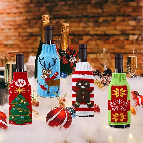 Miniatura 4 de Boao 6 Sets Christmas Wine Bottle Cover and Hats Decoration Handmade Ugly Sweater Knit Wine Bottle Dress Santa Reindeer Snowman for Christmas