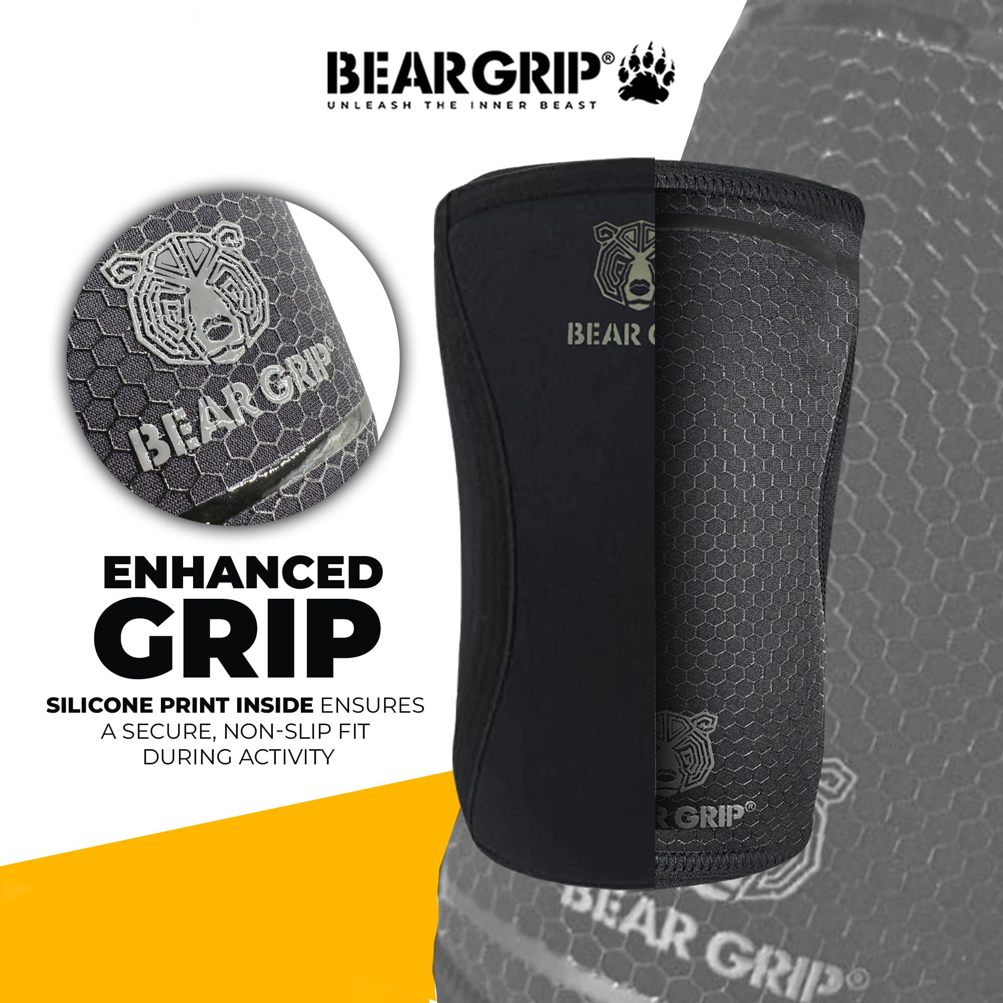 BEAR GRIP Manicotti a compressione per gomito, 7 mm, per sollevamento pesi, con fodera interna antiscivolo, per uomini e donne, ideali per allenamento di forza e fitness, nero/grigio, M