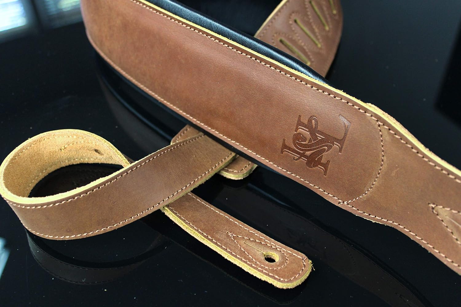 3.25" Wide Natural Brown Dual Padded Leather Guitar and Bass Strap IL-5NatBrn