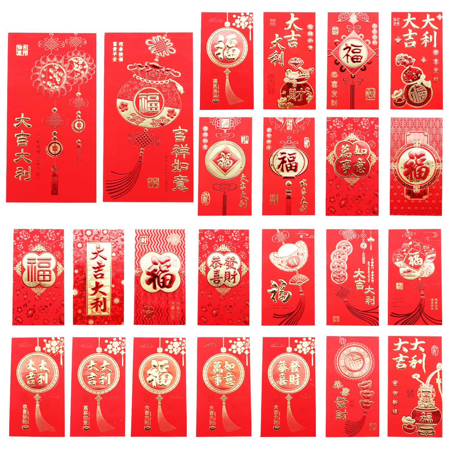 Lot de 24 enveloppes rouges chinoises Hong Bao Grande taille pour Nouvel An chinois, mariage