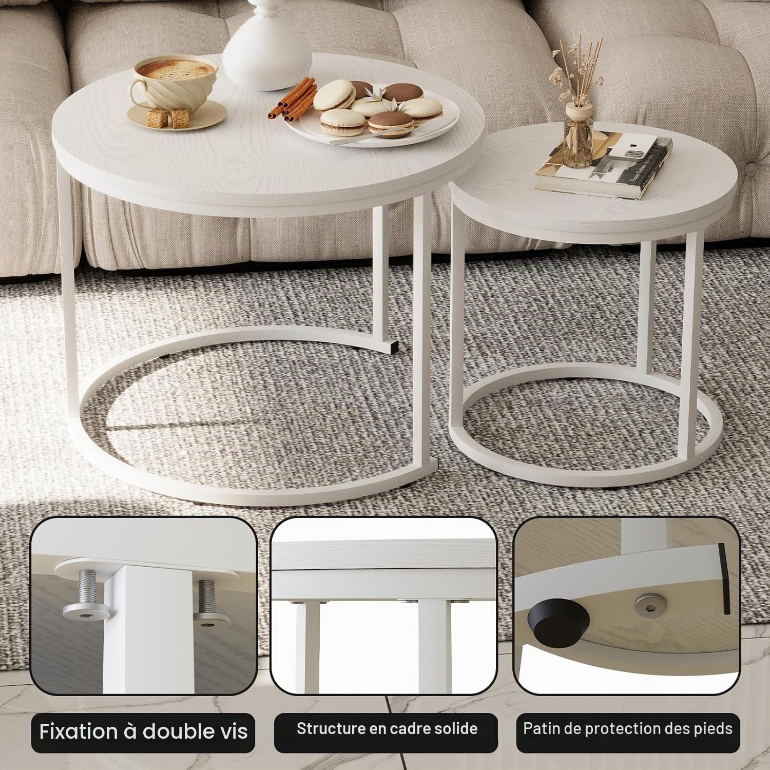 Lot de 2 tables basses rondes - Table de salon - Table basse en bois - Table d'appoint - Table basse pour salon, chambre à coucher, bureau, balcon - Structure en métal blanc et plateau blanc