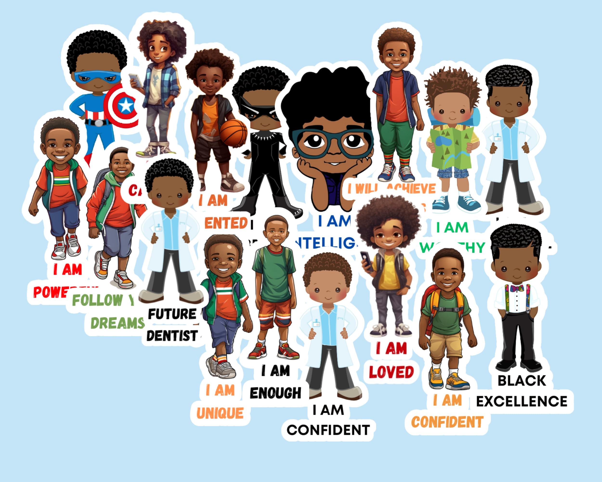 48 boy Stickers, Motivational Quotes, Black History Month, African American, Lap top Decals, Water Bottle Decor, School, Daycare Accessories