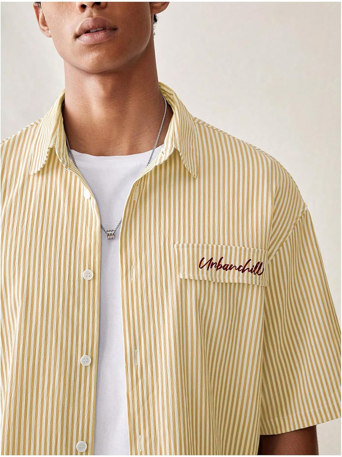 GORGLITTER Men's Striped Button Down Up Cropped T Shirt Short Sleeve Letter Summer Vacation Shirts Boxy Tees Streetwear - Image 5