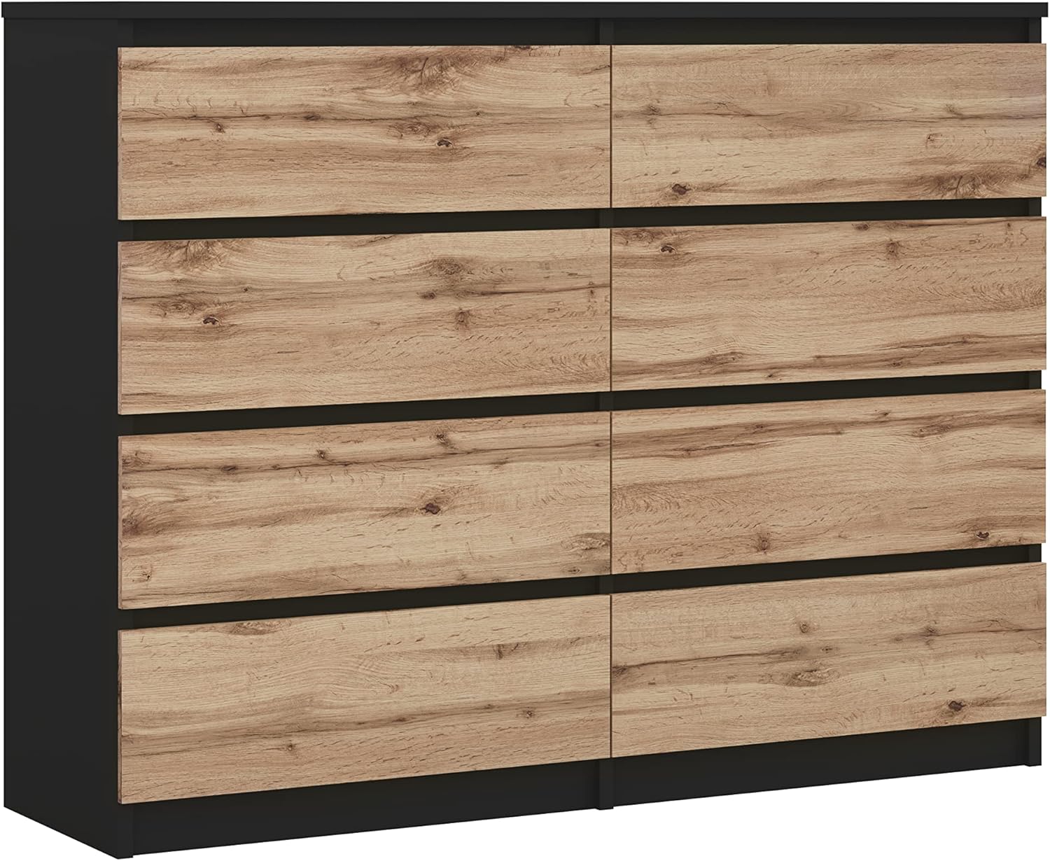 3xEliving Commode, Buffet avec 8 tiroirs Noir & chêne wotan, L 120cm H